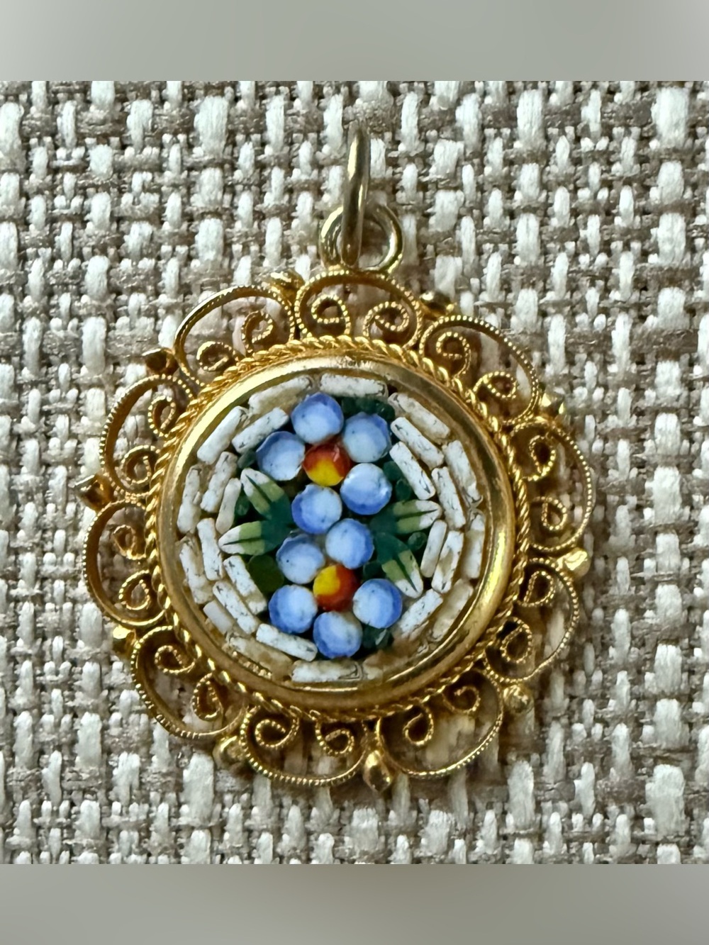 Blue Floral Micro-Mosaic Gold-Tone  vintage Pendant made in Italy